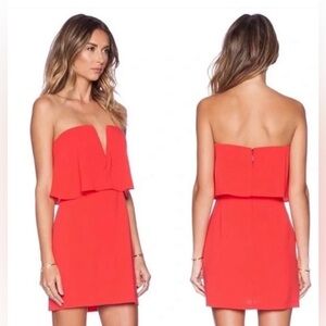 BCBG Max Azria Strapless V-Neck Flounce Mini Dress in Orange/Red Shade